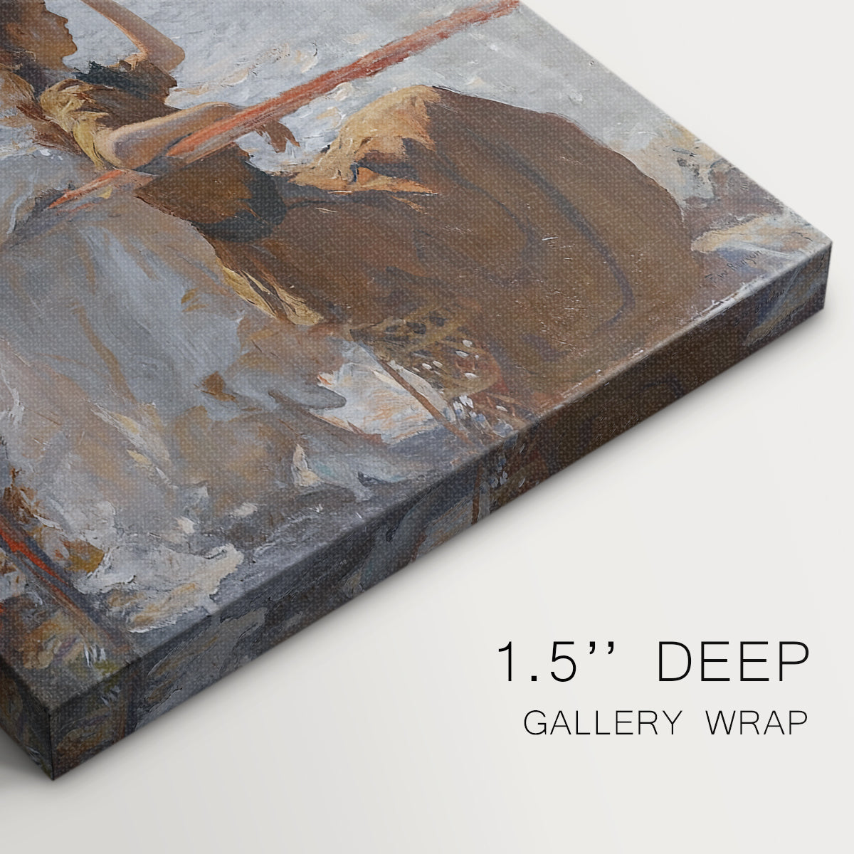 Close-up of a gallery-wrapped canvas corner showing a calm coastal moment with light and color, highlighting texture and print detail.