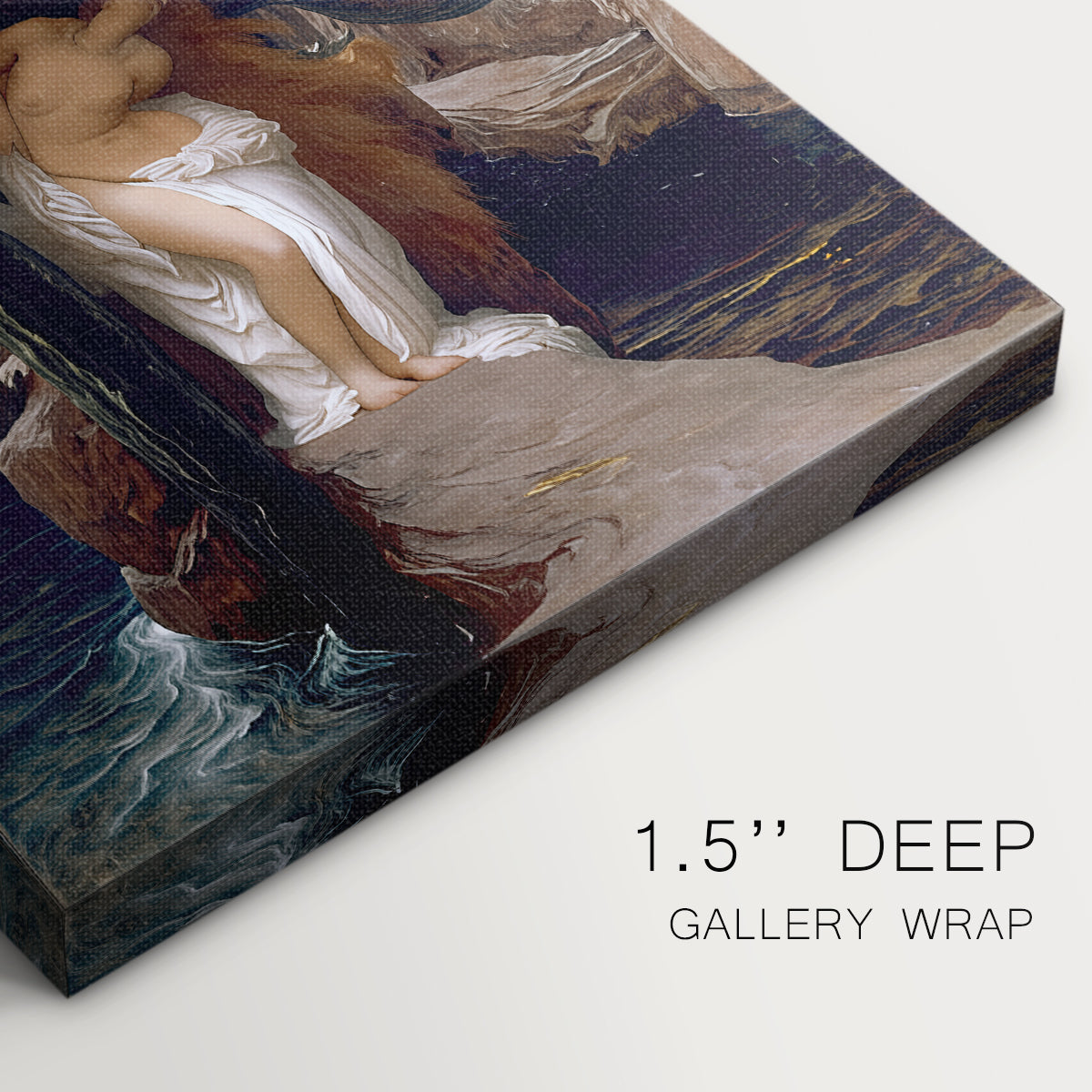 Close-up of a gallery-wrapped canvas corner showing a heroic scene with flowing drapery and soft light, highlighting texture and print detail.