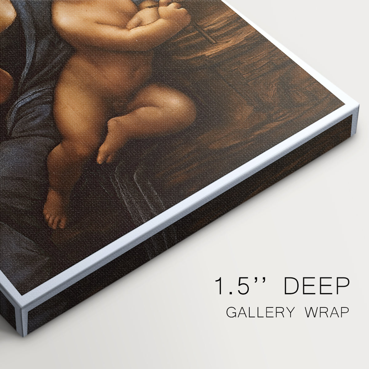 Close-up of a gallery-wrapped canvas corner showing a calm scene with balanced structure and light, highlighting texture and print detail.