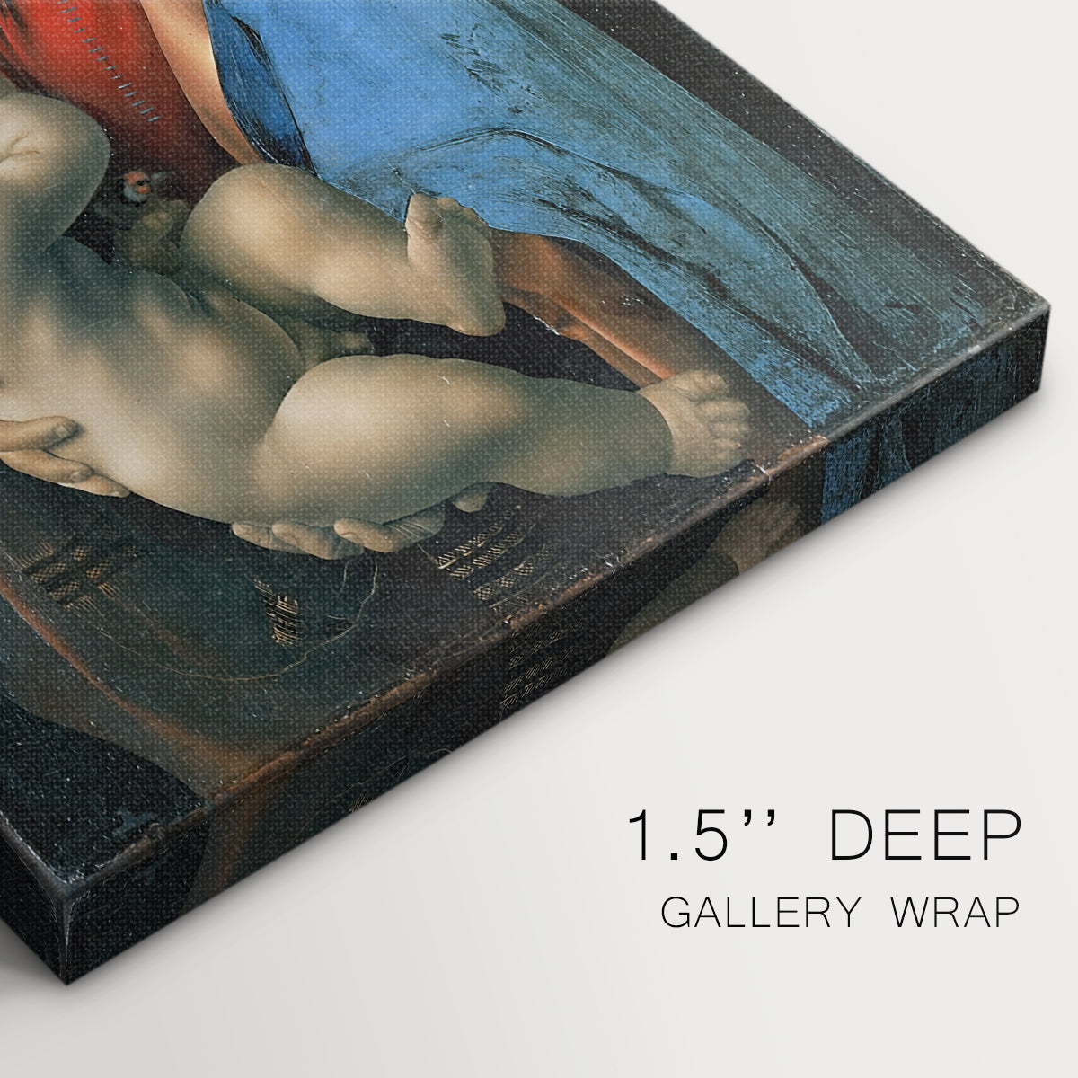 Close-up of a gallery-wrapped canvas corner showing a balanced portrait with calm expression and depth, highlighting texture and print detail.