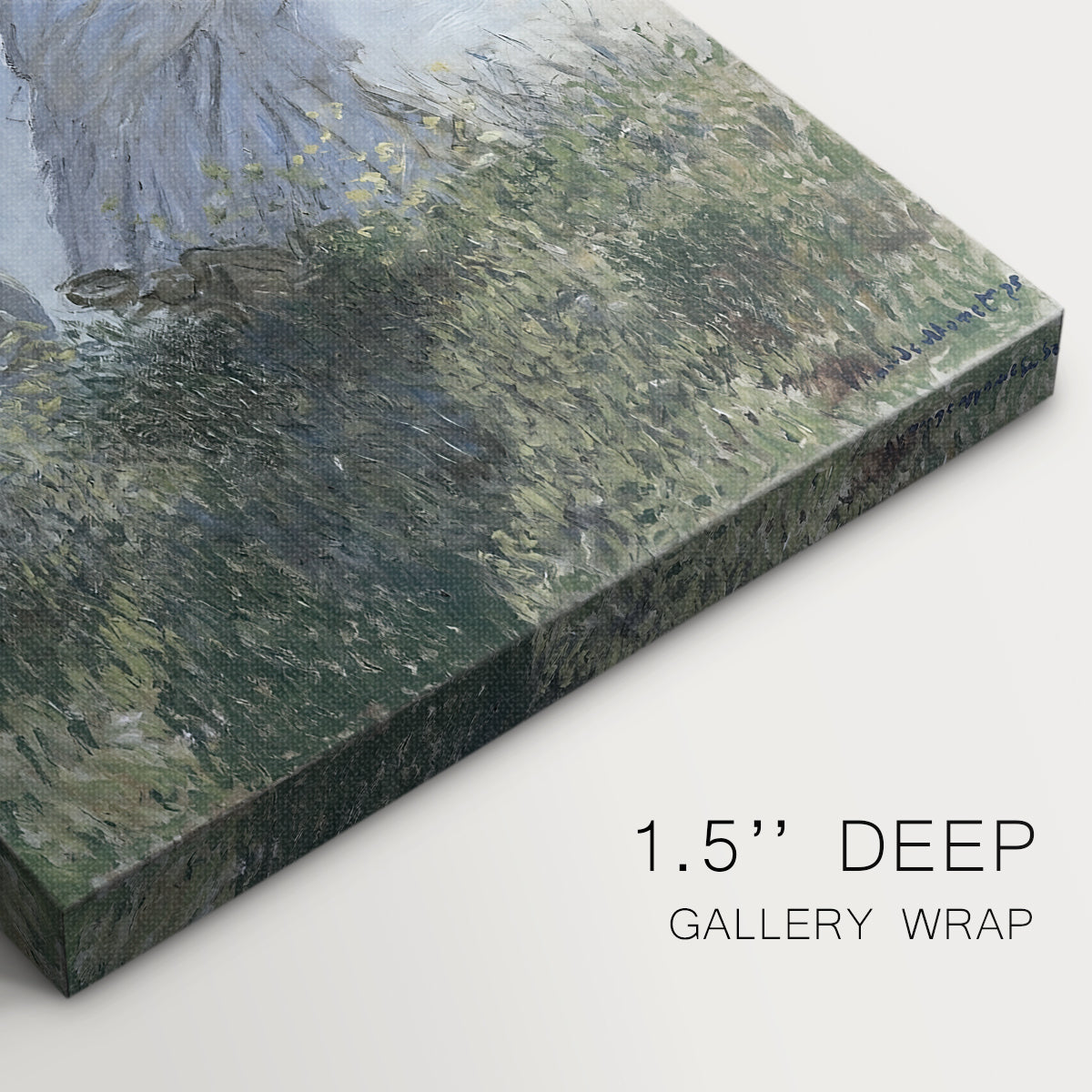 Close-up of a gallery-wrapped canvas corner showing a sunlit scene with a woman and child in an open field, highlighting texture and print detail.
