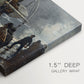 Canvas art print of figures gathered on rocky shore signaling toward sea with ship in distance, highlighting texture and gallery-wrapped edges