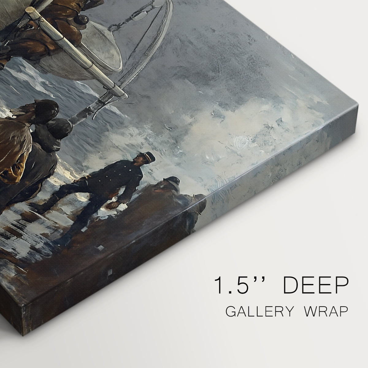 Canvas art print of figures gathered on rocky shore signaling toward sea with ship in distance, highlighting texture and gallery-wrapped edges