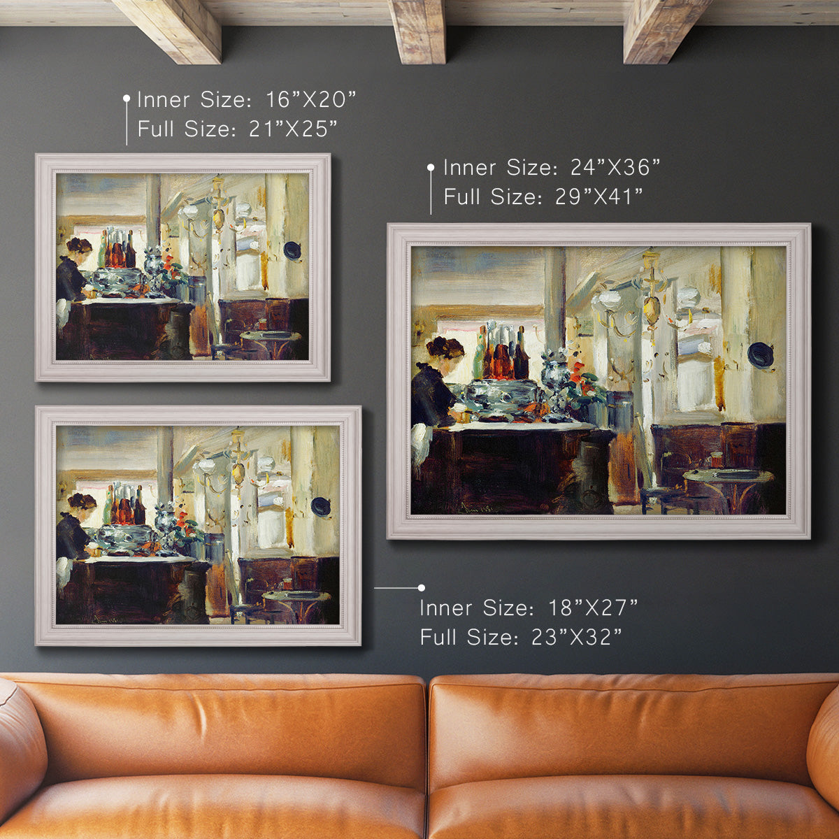 Impressionist café still life scene by Édouard Manet in an ornate weathered white frame shown in multiple size options.