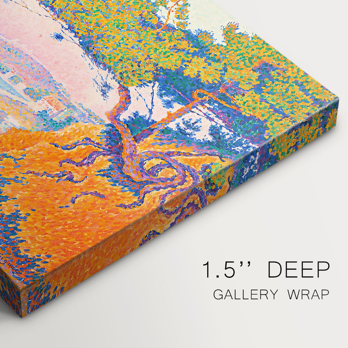 Canvas art print of a coastal landscape with trees and water, highlighting texture and gallery-wrapped edges