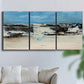 Three-panel canvas wall art featuring abstract bridge landscape in cyan, displayed in a living room above a sofa.