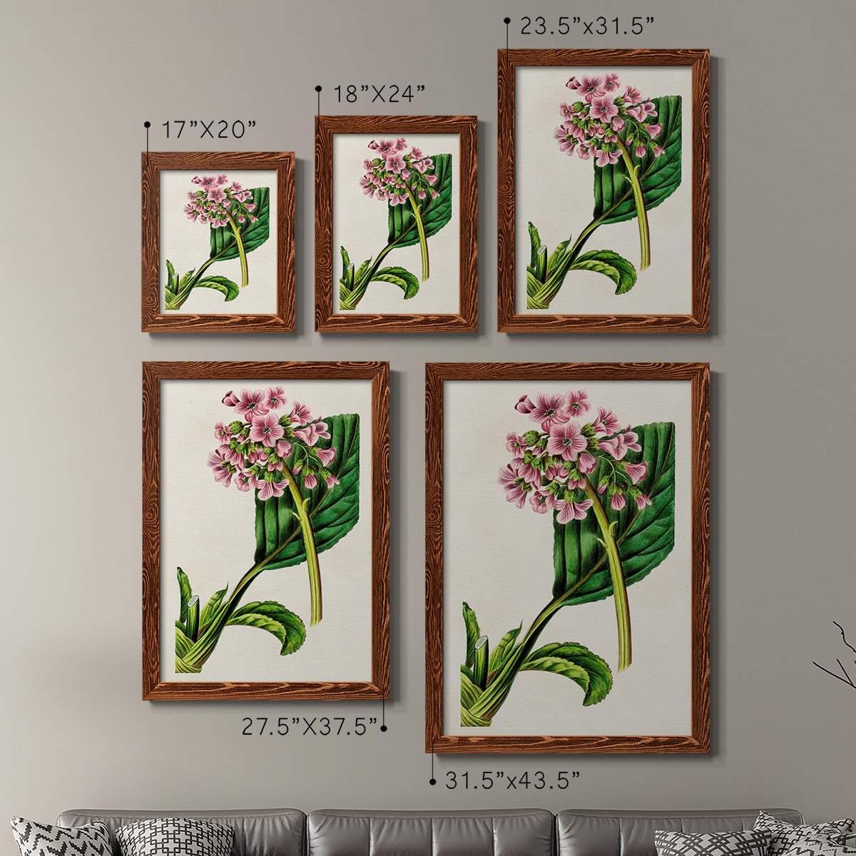 Size comparison chart for a set of two maple barnwood framed canvas prints.