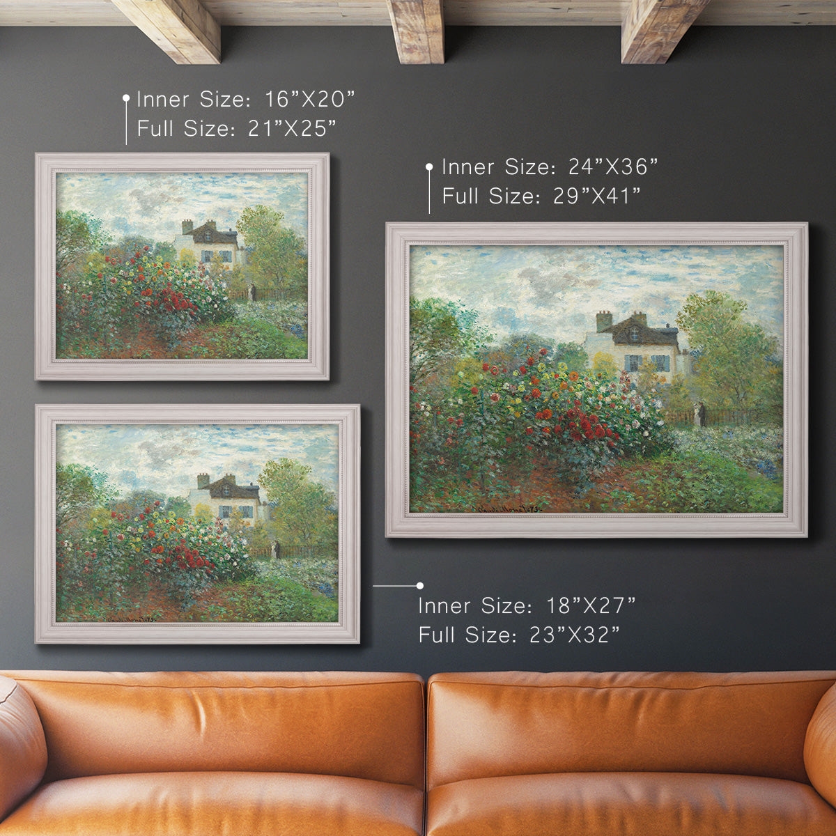 Impressionist garden landscape at Argenteuil by Claude Monet in an ornate weathered white frame shown in multiple size options.