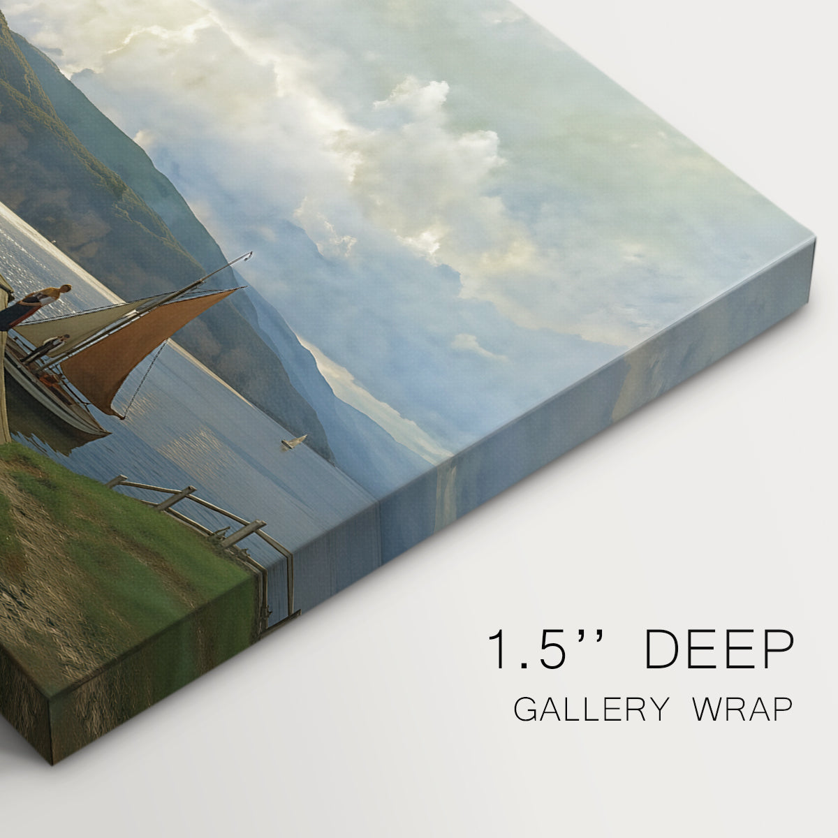 Canvas art print of a wooden jetty extending into calm water with boats nearby, highlighting texture and gallery-wrapped edges