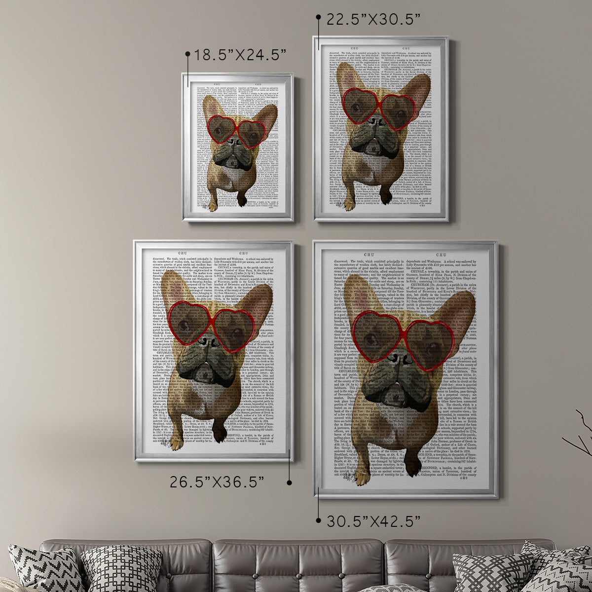 French Bulldog and Heart Glasses - Modern Framed Canvas Print