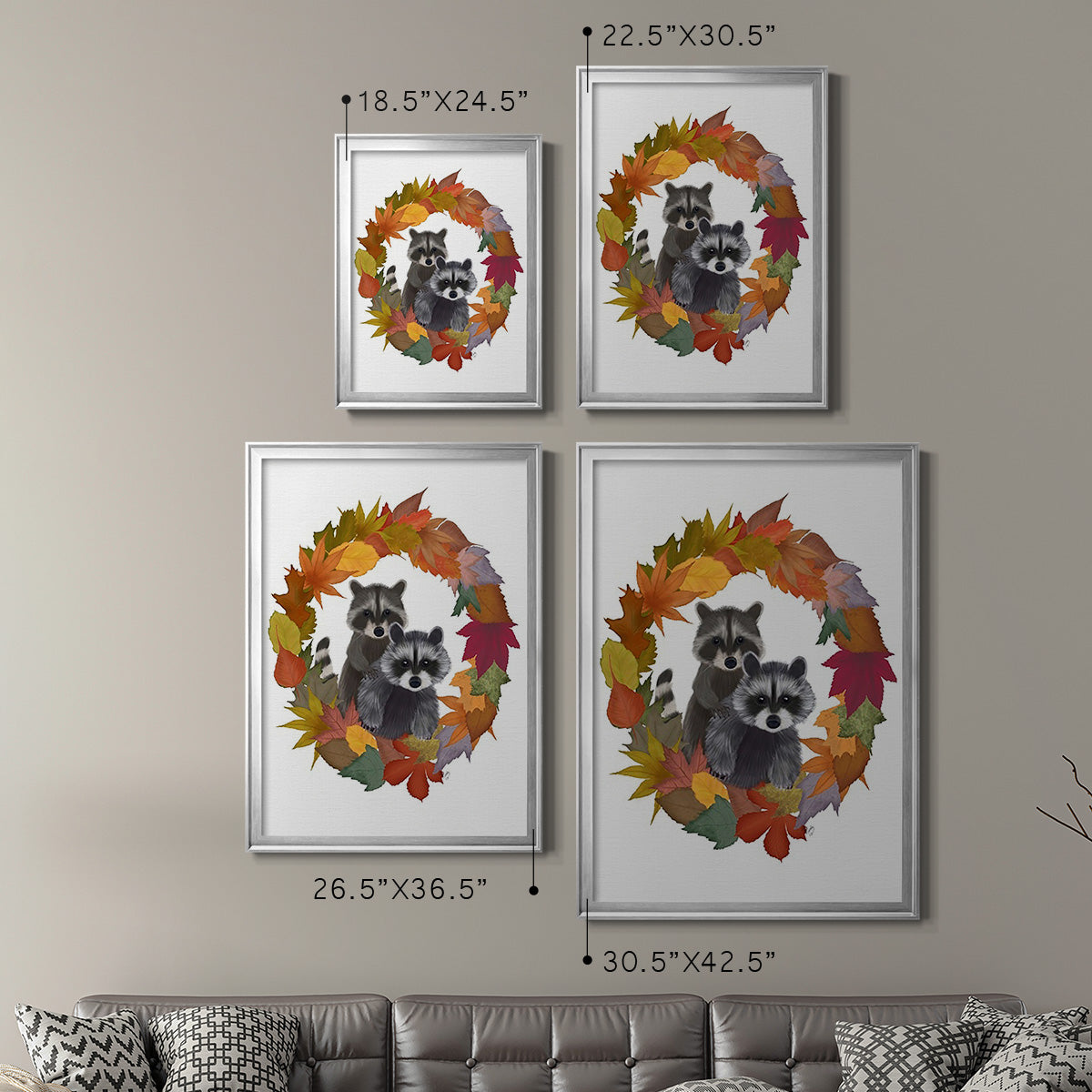 Raccoons Autumn Leaf Wreath - Modern Framed Canvas Print