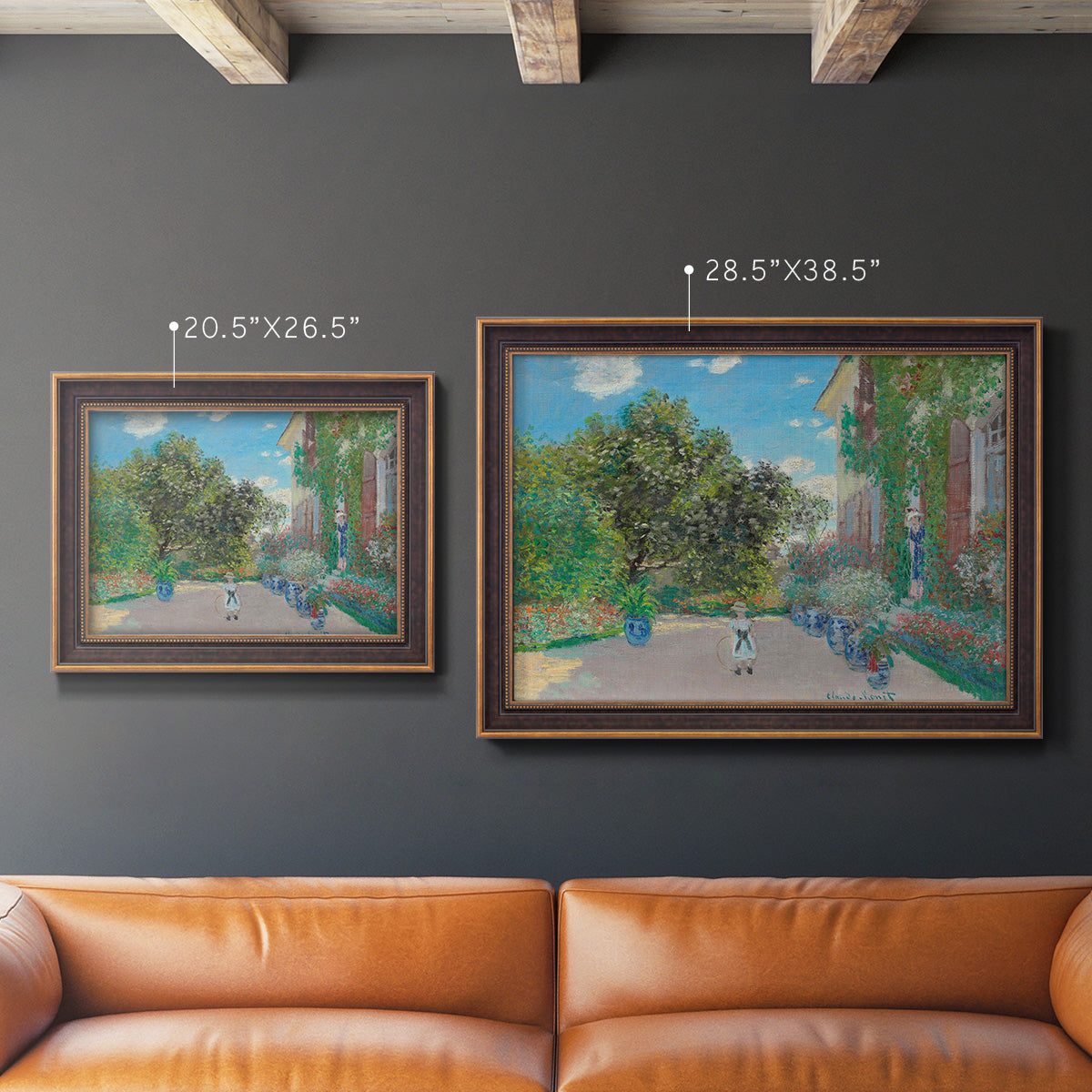 Impressionist residential landscape at Argenteuil by Claude Monet in an ornate bronzed mahogany wood frame shown in multiple size options.