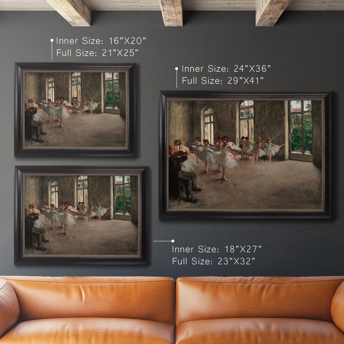Early impressionist ballet rehearsal painting by Edgar Degas in an ornate black frame with gilded inner detail shown in multiple size options.
