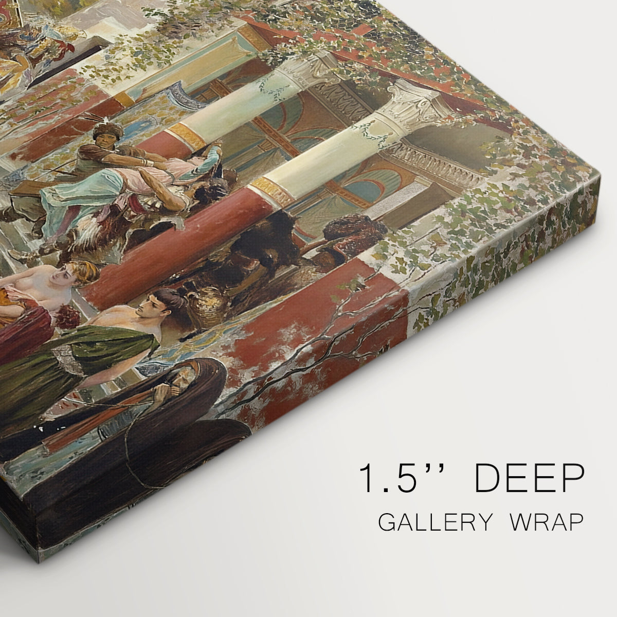Canvas art print of a chaotic battle scene with mounted warriors charging across landscape, highlighting texture and gallery-wrapped edges