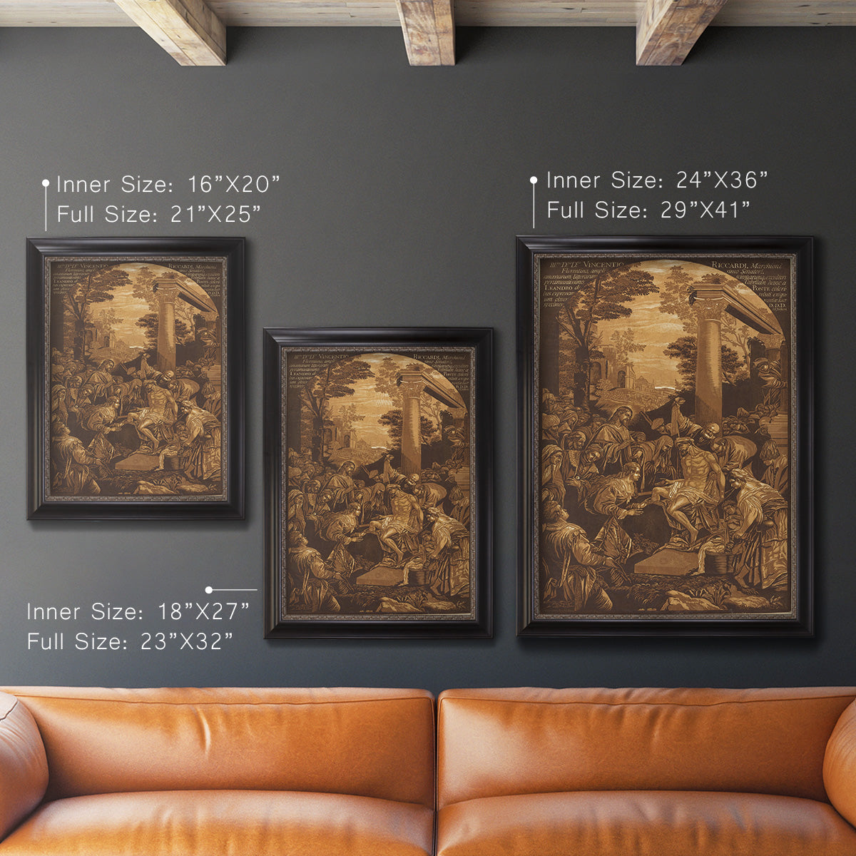 Monochrome religious painting of the raising of Lazarus by Leandro Bassano in an ornate black frame with gilded inner detail shown in multiple vertical size options.
