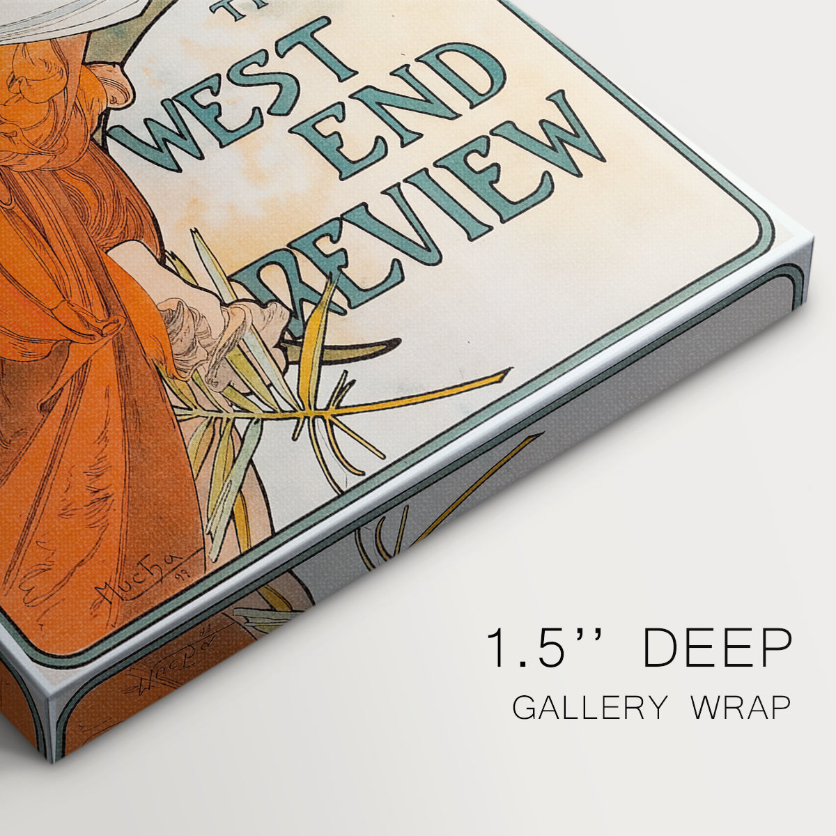 Close-up of a gallery-wrapped canvas corner showing a classic print combining portrait and editorial branding, highlighting texture and print detail.