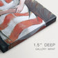 Close-up of a gallery-wrapped canvas corner showing a vivid composition with emphasis on pink hues, highlighting texture and print detail.