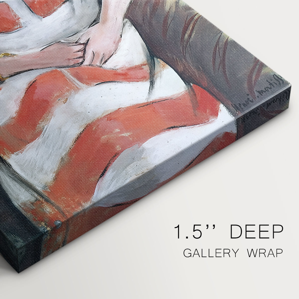 Close-up of a gallery-wrapped canvas corner showing a vivid composition with emphasis on pink hues, highlighting texture and print detail.