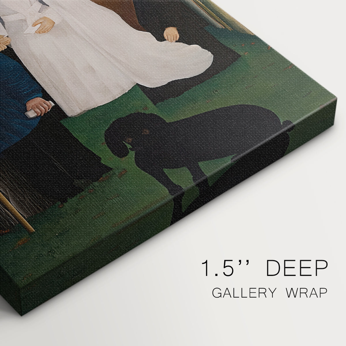Close-up of a gallery-wrapped canvas corner showing a calm outdoor scene with figures arranged in a line, highlighting texture and print detail.
