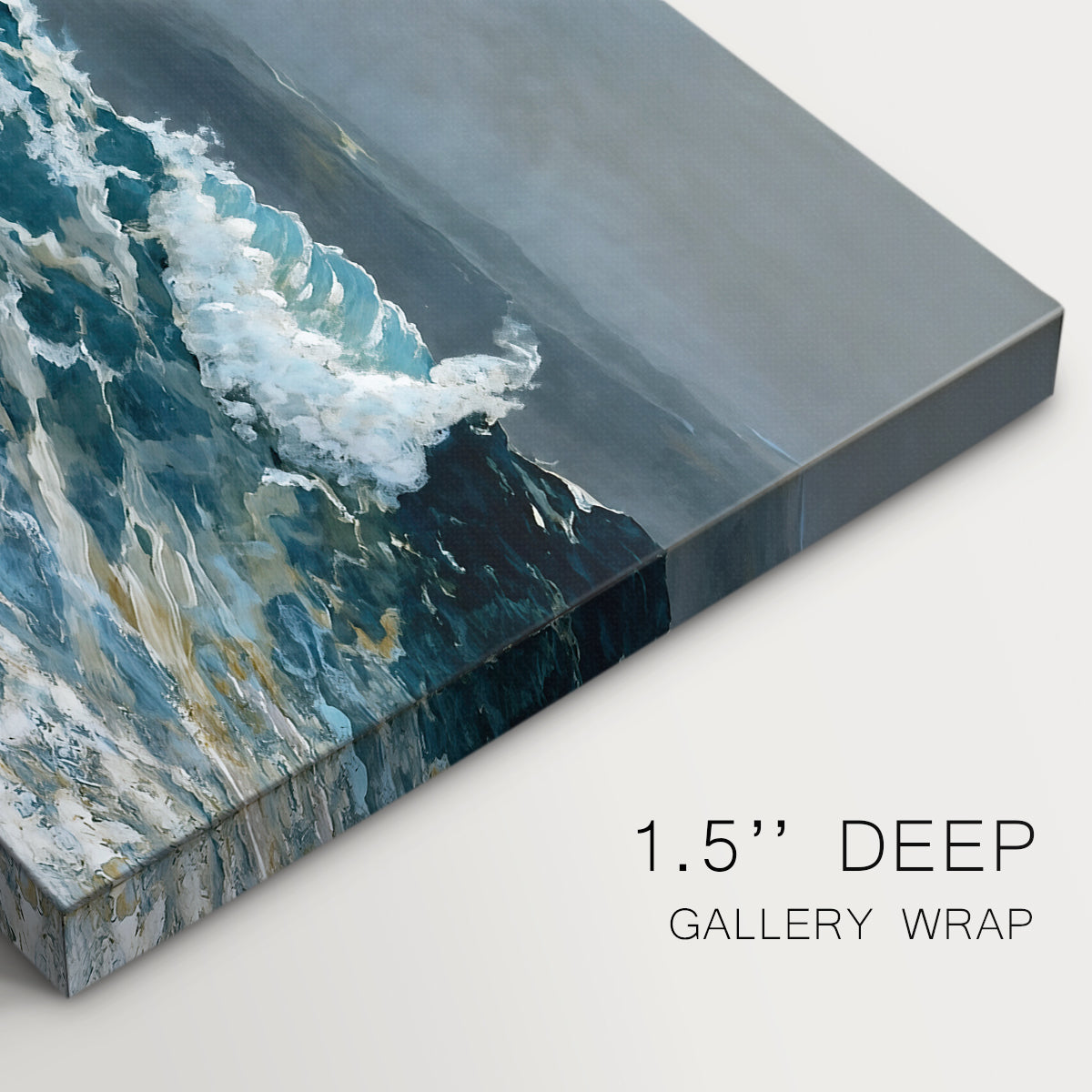 Canvas art print of powerful waves crashing against rocky coast under stormy sky, highlighting texture and gallery-wrapped edges
