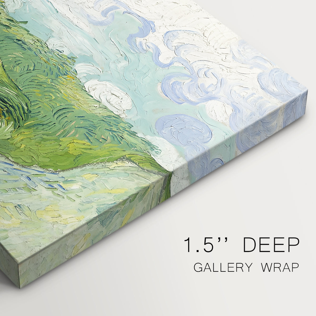 Canvas art print of a vivid green wheat field stretching across rolling landscape under pale sky, highlighting texture and gallery-wrapped edges