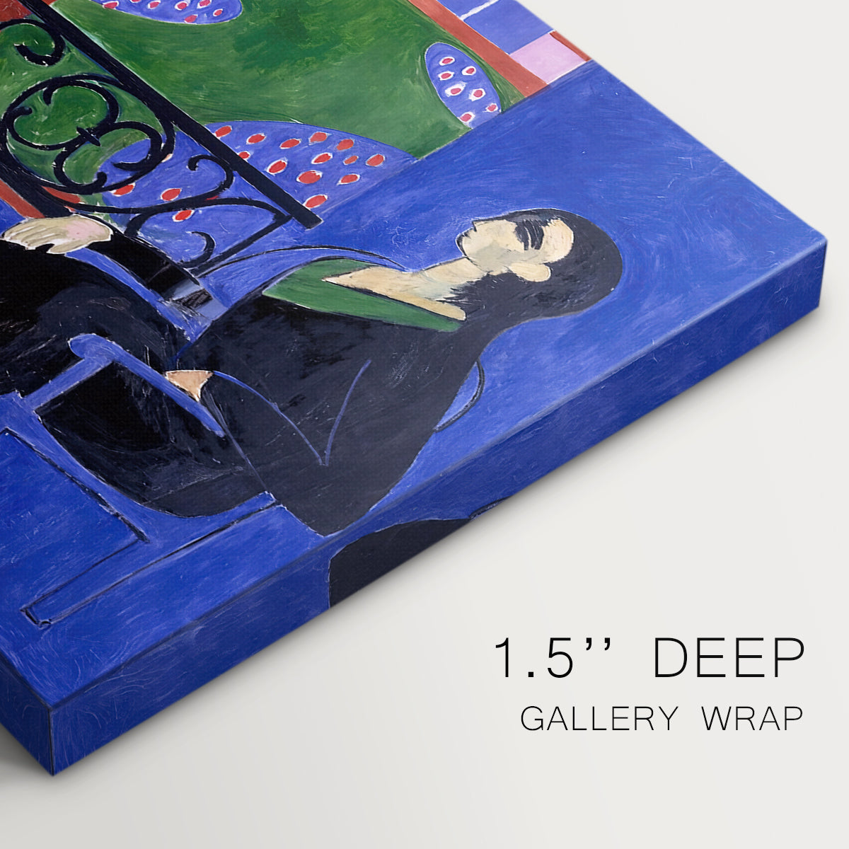 Canvas art print of two figures standing in an interior with strong contrasting colors, highlighting texture and gallery-wrapped edges
