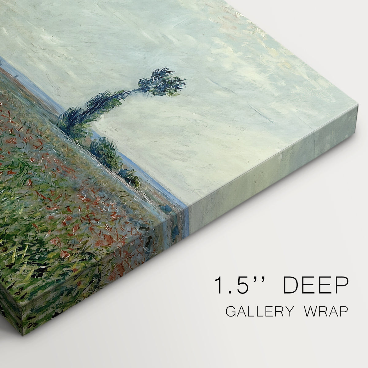 Canvas art print of a wide field of red poppies stretching across countryside under open sky, highlighting texture and gallery-wrapped edges
