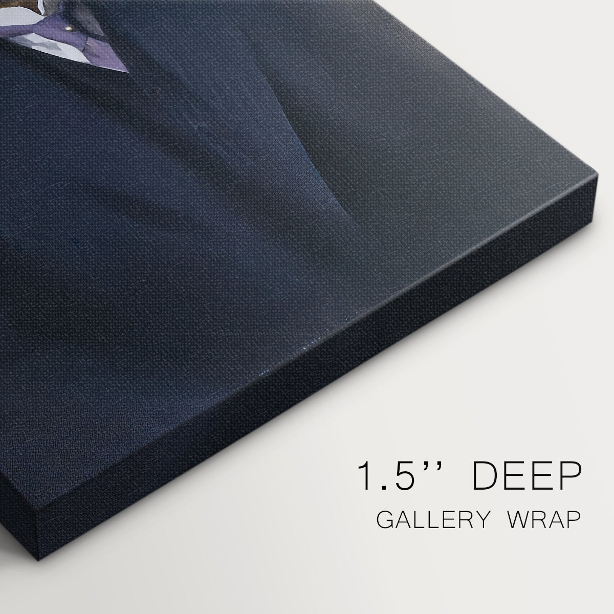 Close-up of a gallery-wrapped canvas corner showing a dignified portrait with traditional style and muted palette, highlighting texture and print detail.