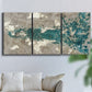 Three-panel canvas wall art featuring layered mineral abstract textures, displayed in a living room above a sofa.