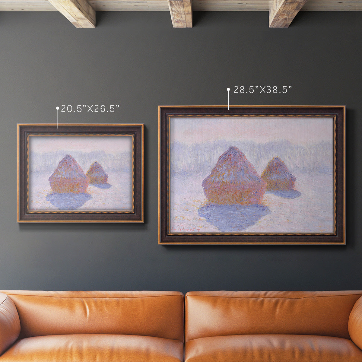 Impressionist winter haystack scene with sunlight by Claude Monet in an ornate bronzed mahogany wood frame shown in multiple size options.