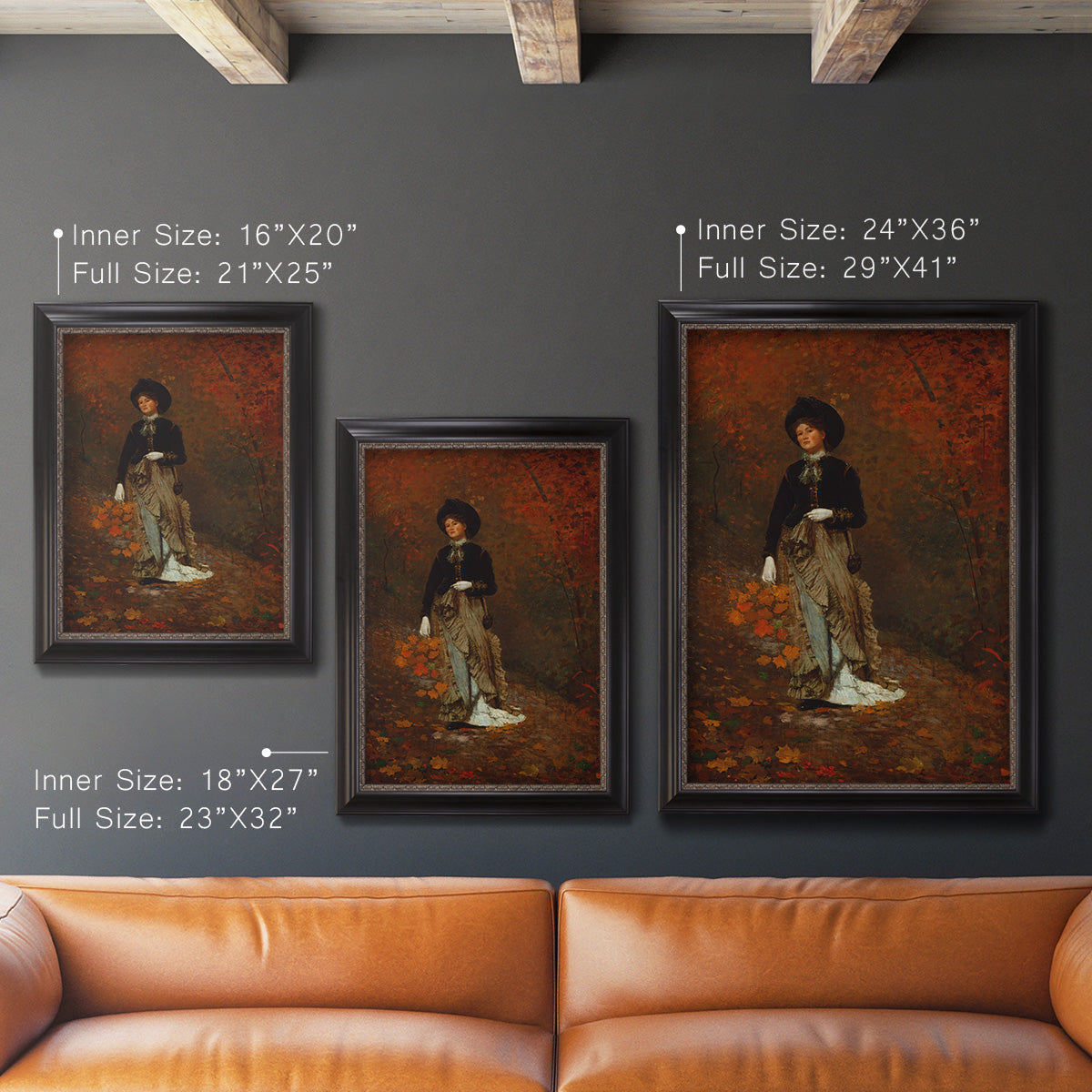 Realist autumn portrait scene by Winslow Homer in an ornate black frame with gilded inner detail shown in multiple vertical size options.