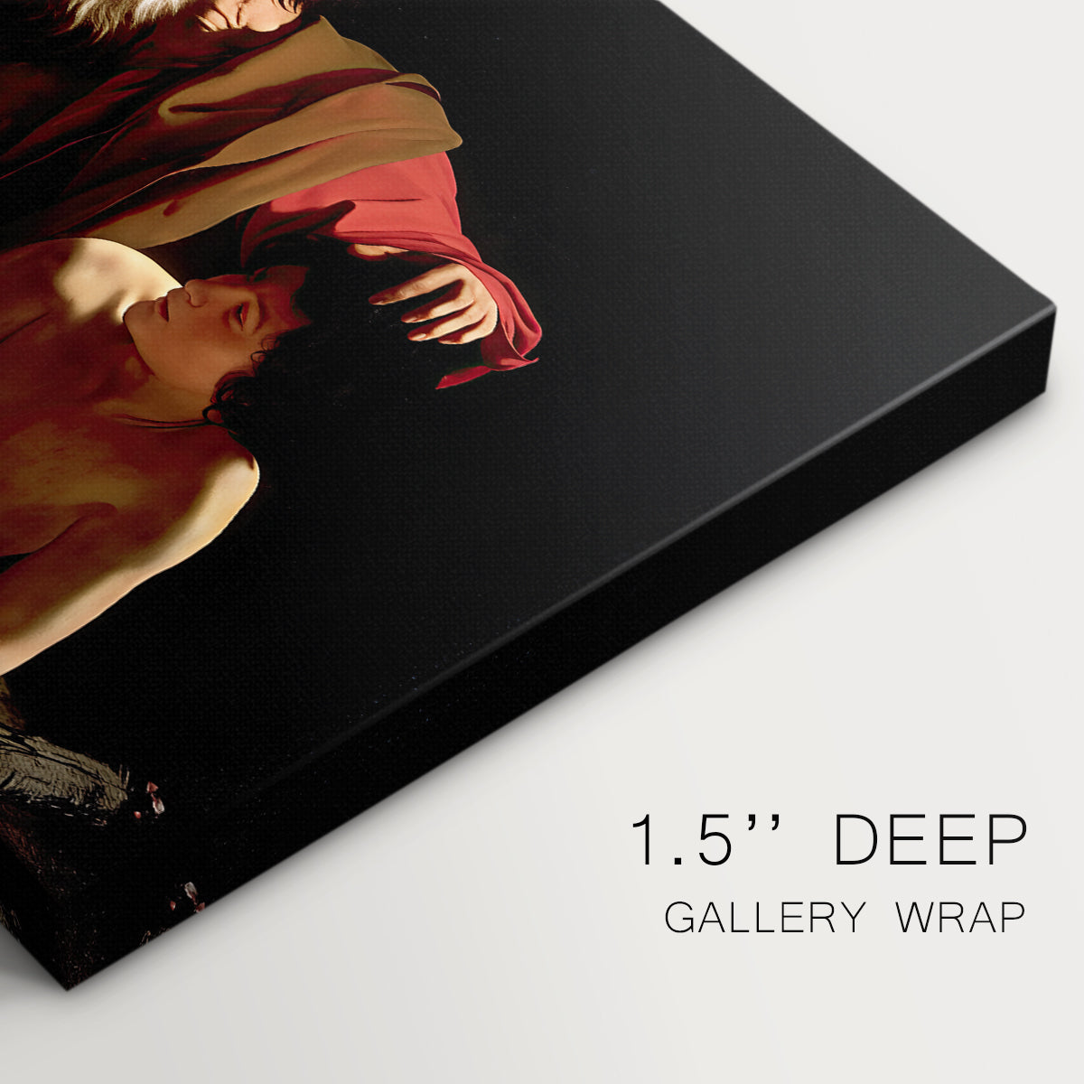 Canvas art print of Abraham holding Isaac while angel intervenes to stop the sacrifice, highlighting texture and gallery-wrapped edges
