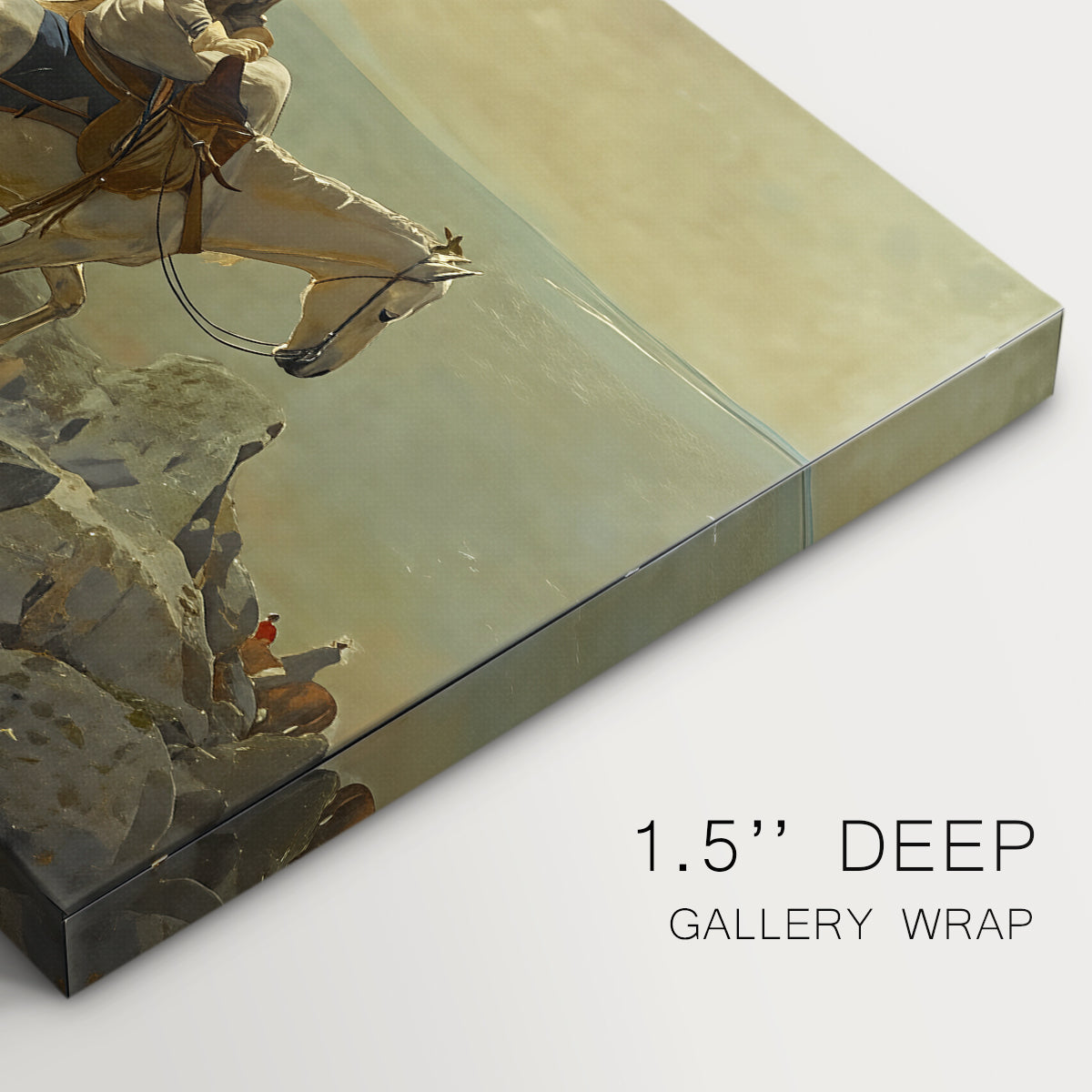Canvas art print of a rider on horseback moving along elevated path with mountain view, highlighting texture and gallery-wrapped edges