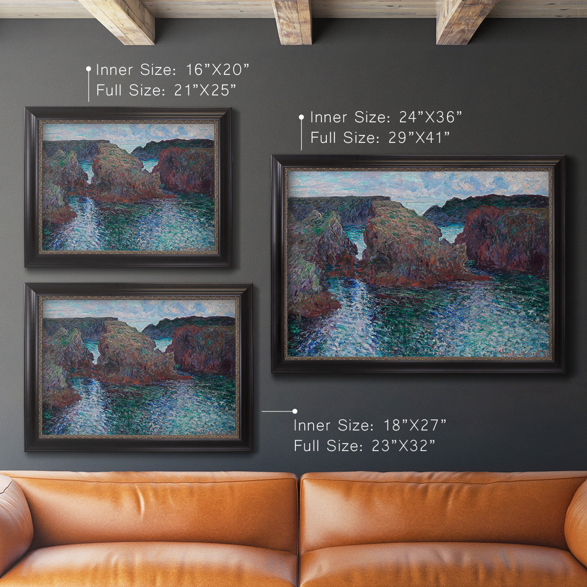 Impressionist rocky seascape by Claude Monet in an ornate black frame with gilded inner detail shown in multiple size options.