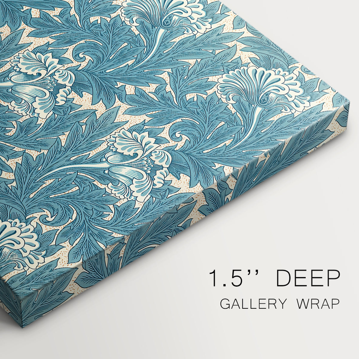 Canvas art print of a repeating floral pattern with tulip shapes in teal and neutral tones, highlighting texture and gallery-wrapped edges