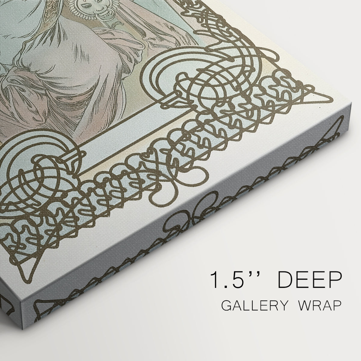 Close-up of a gallery-wrapped canvas corner showing a vintage illustration of a regal woman with ornate styling, highlighting texture and print detail.