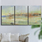 Three-panel canvas wall art featuring layered abstract transitional textures, displayed in a living room above a sofa.