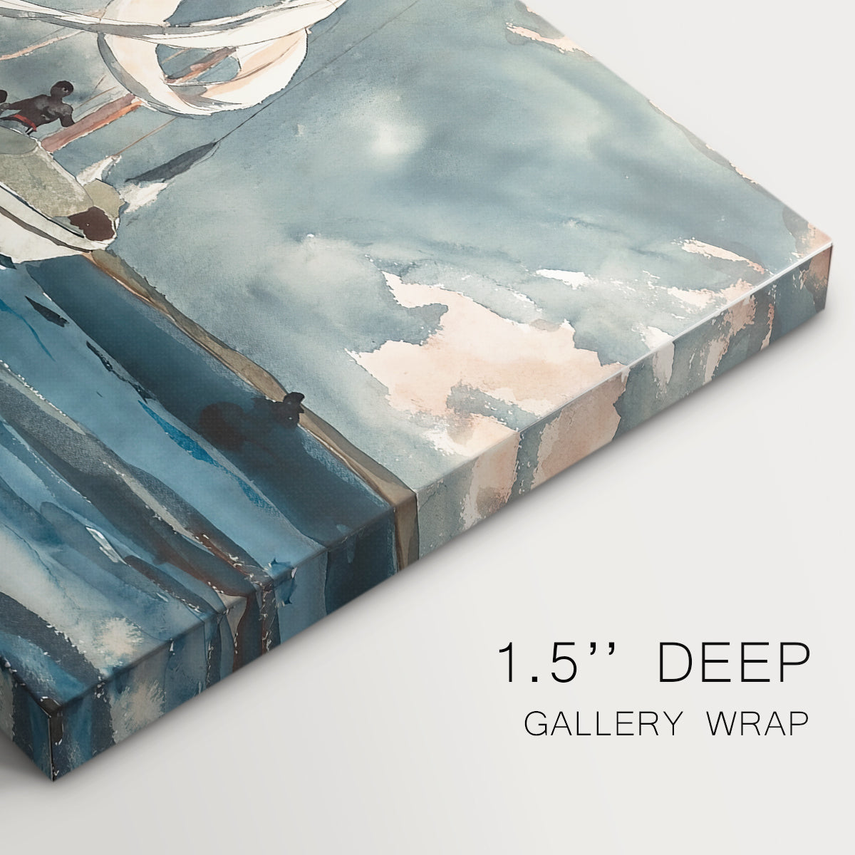 Canvas art print of a single sailboat moving across bright blue water under clear sky, highlighting texture and gallery-wrapped edges
