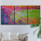 Three-panel canvas wall art featuring abstract meadow inspired color fields, displayed in a living room above a sofa.