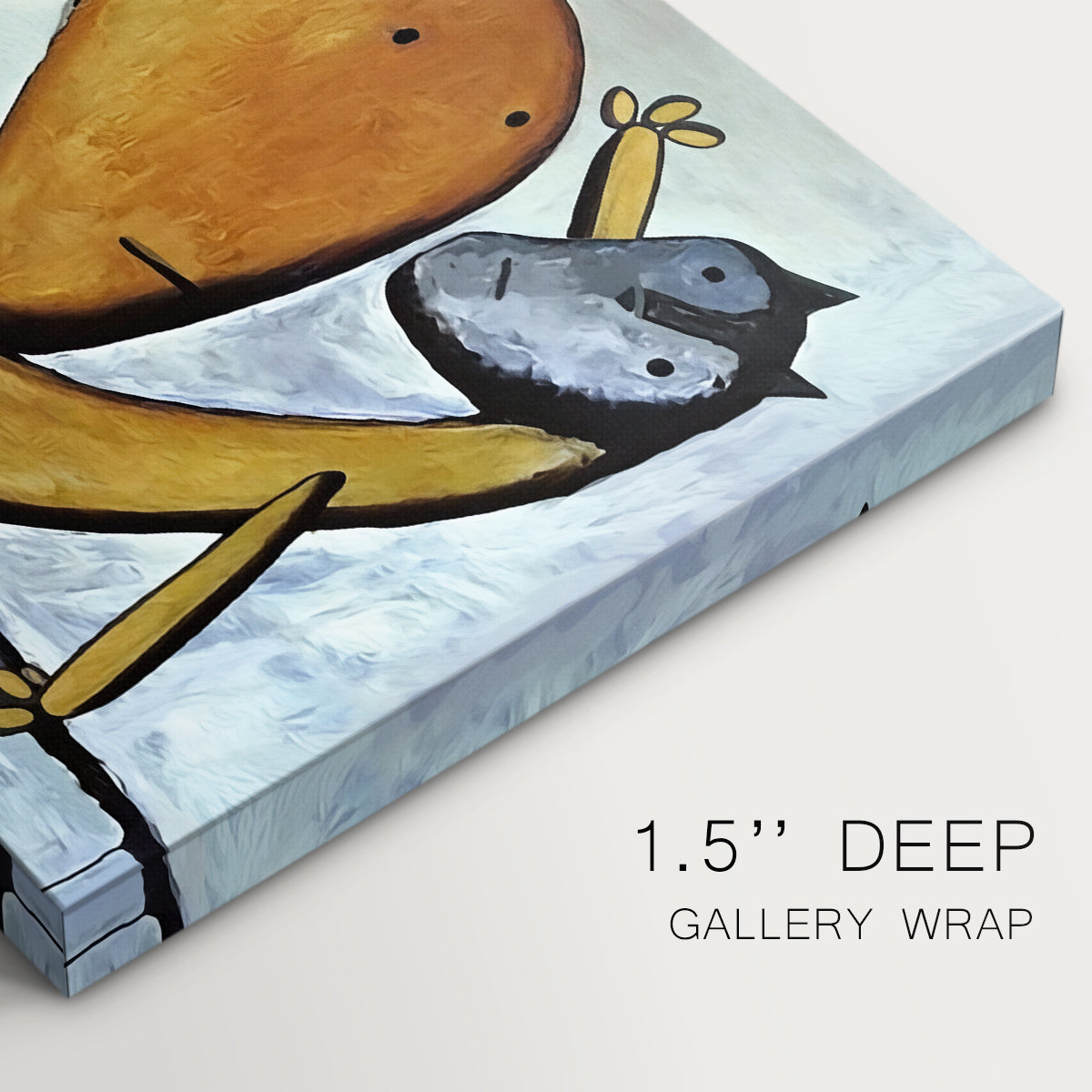 Canvas art print of an abstract cat interacting with large fish in simplified form, highlighting texture and gallery-wrapped edges