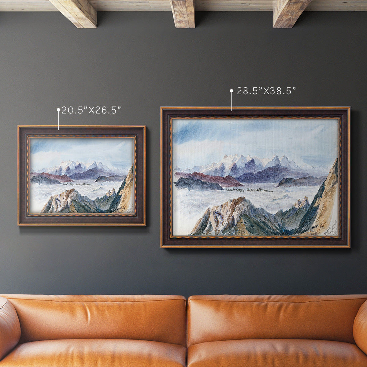 Impressionist alpine mountain landscape by John Singer Sargent in an ornate bronzed mahogany wood frame shown in multiple size options.