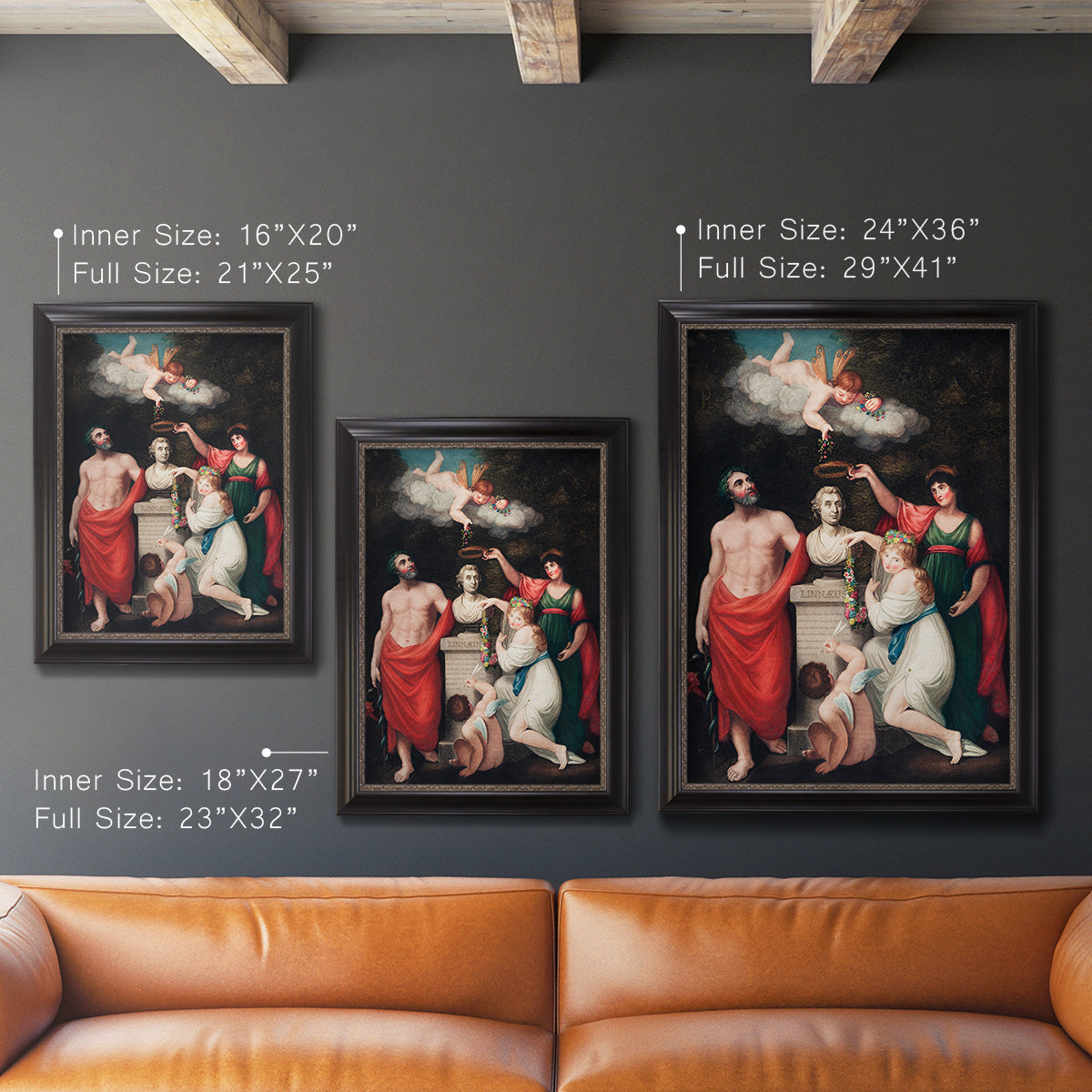 Classical allegorical painting honoring Linnaeus by Robert John Thornton in an ornate black frame with gilded inner detail shown in multiple vertical size options.