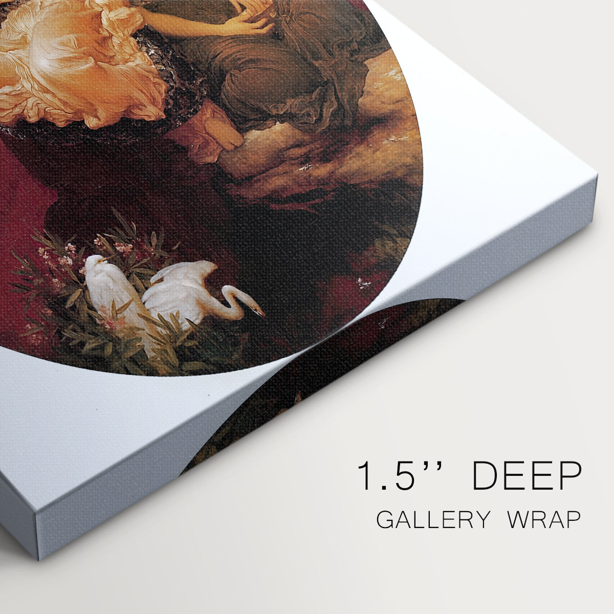 Close-up of a gallery-wrapped canvas corner showing a tranquil garden setting with flowing forms, highlighting texture and print detail.