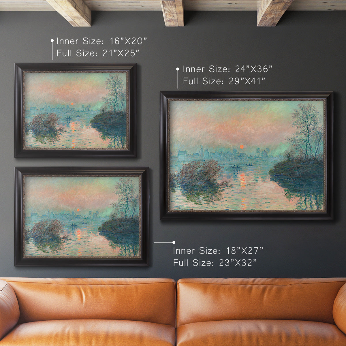 Impressionist winter river sunset scene by Claude Monet in an ornate black frame with gilded inner detail shown in multiple size options.