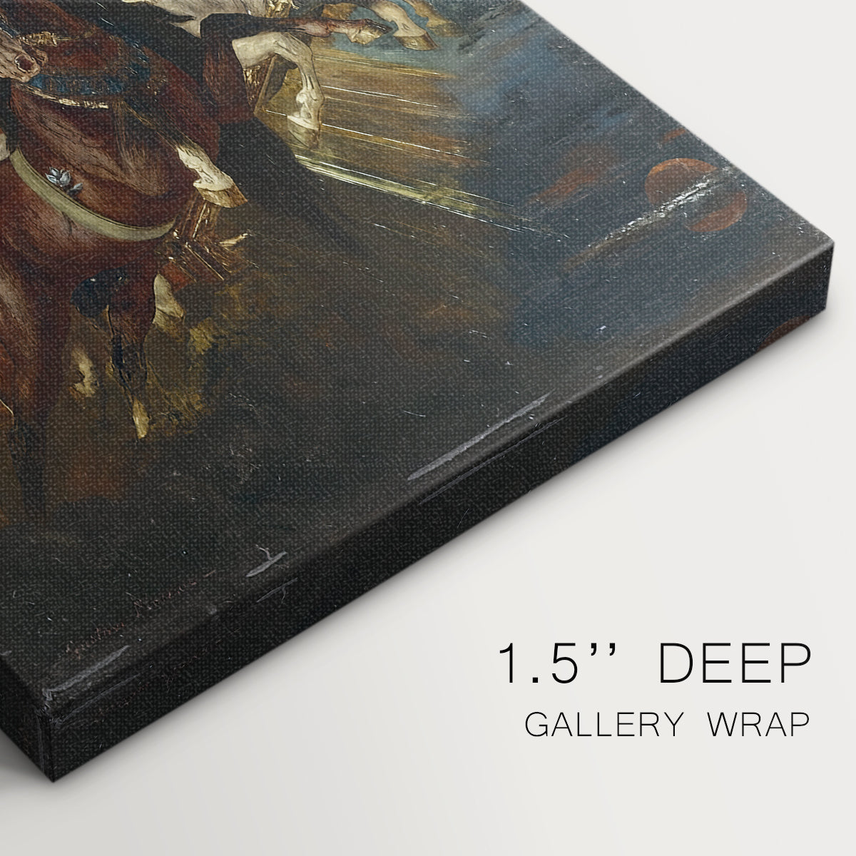 Close-up of a gallery-wrapped canvas corner showing a dramatic image with upward motion and light, highlighting texture and print detail.