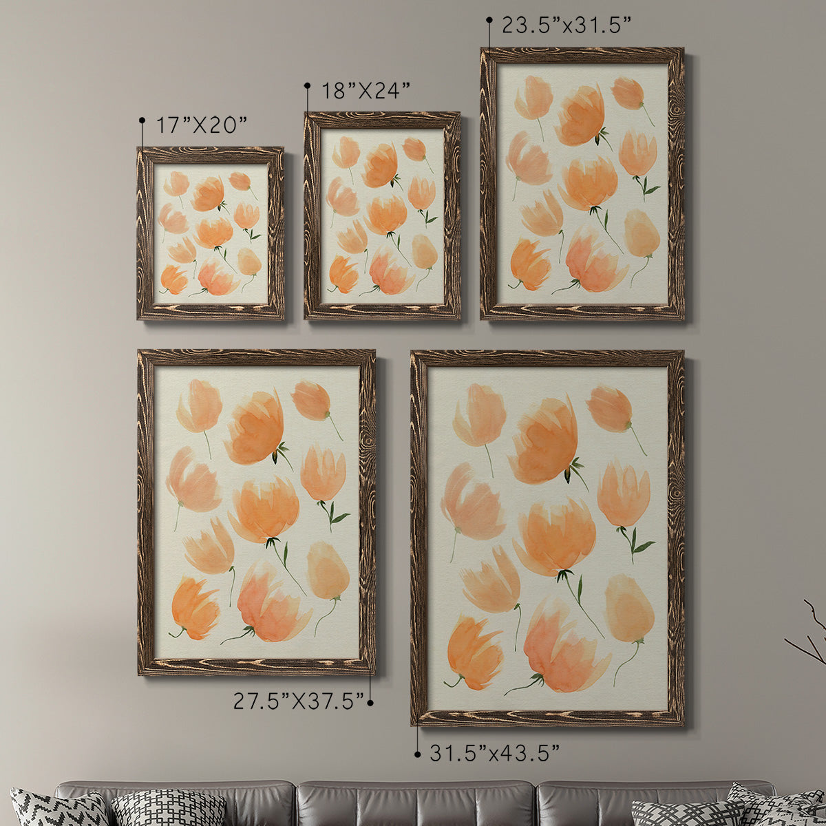 Size comparison chart for a set of two walnut barnwood framed canvas prints.