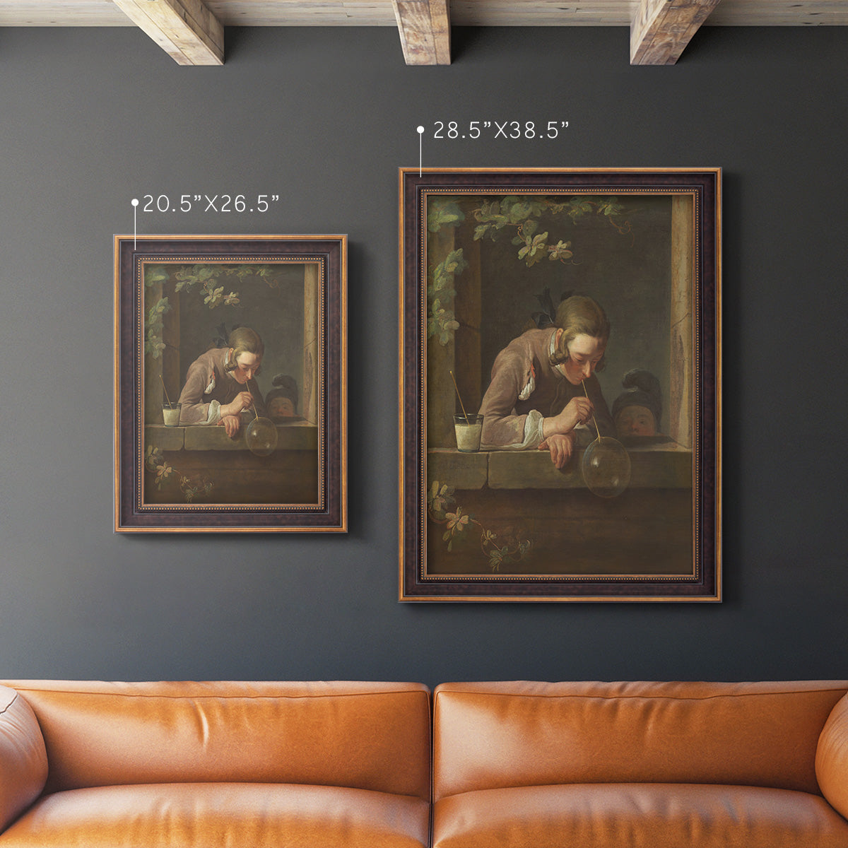 Classical genre painting of a child blowing soap bubbles by Jean-Siméon Chardin in an ornate bronzed mahogany wood frame shown in multiple vertical size options.