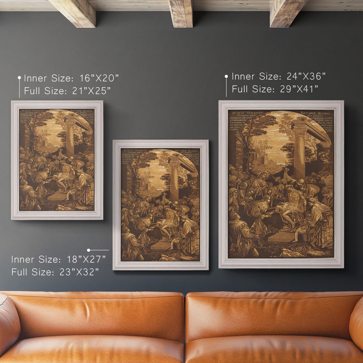 Monochrome religious painting of the raising of Lazarus by Leandro Bassano in an ornate weathered white frame shown in multiple vertical size options.