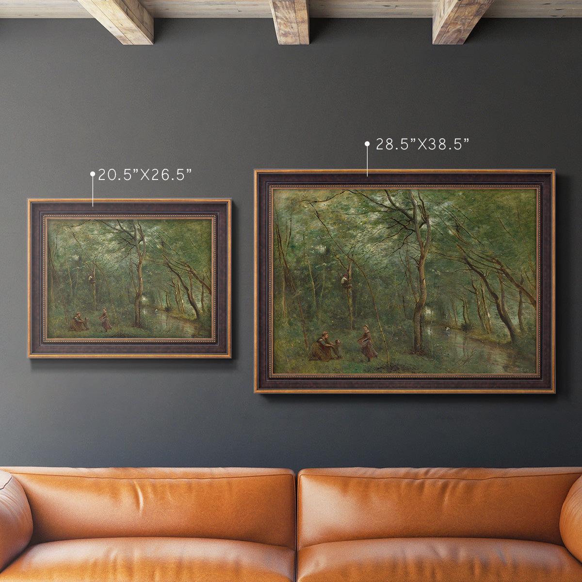 Traditional rural landscape scene with figures by Jean-Baptiste-Camille Corot in an ornate bronzed mahogany wood frame shown in multiple size options.