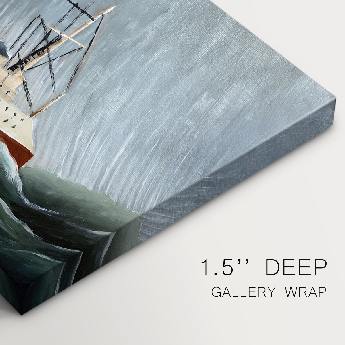 Canvas art print of a sailing ship tossed by large waves under dark stormy sky, highlighting texture and gallery-wrapped edges